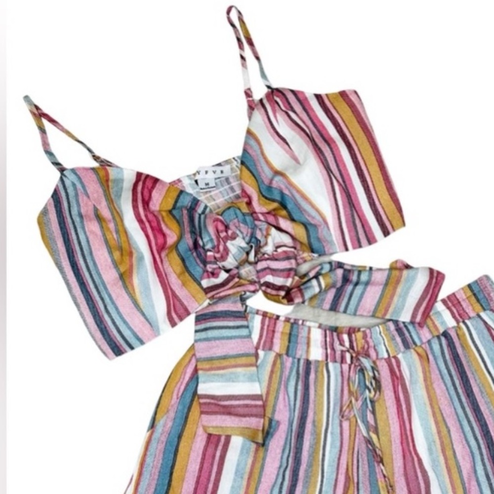 Multi color striped linen like lined crop top with adjustable straps